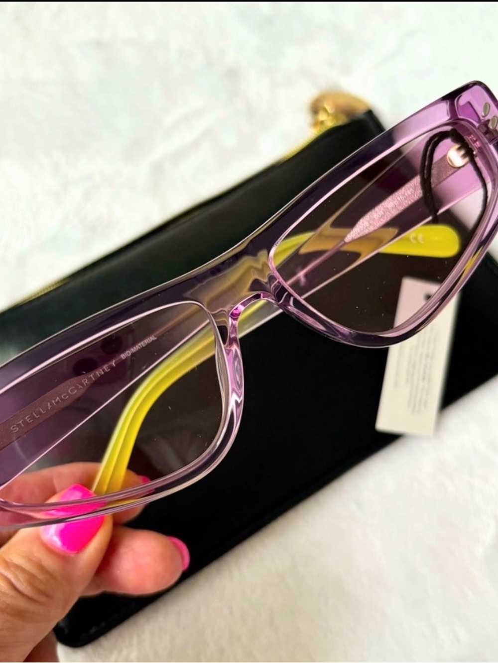 Stella McCartney Purple Transparent Frame Sunglasses with Yellow Temples